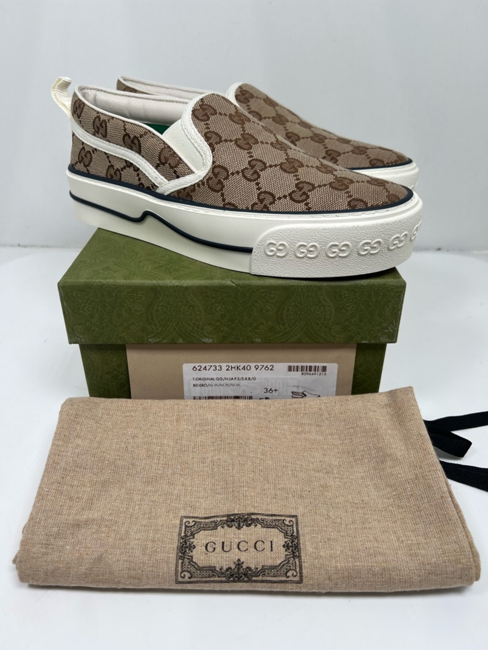 Gucci GG Canvas Slip On Platform Sneakers Beige Women’s EU 36+ 624733 Box Dust